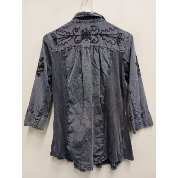 Parsley & Sage BOHO Top Womens Small Blue Chambray Embroidered Wearable Art - Picture 11 of 11